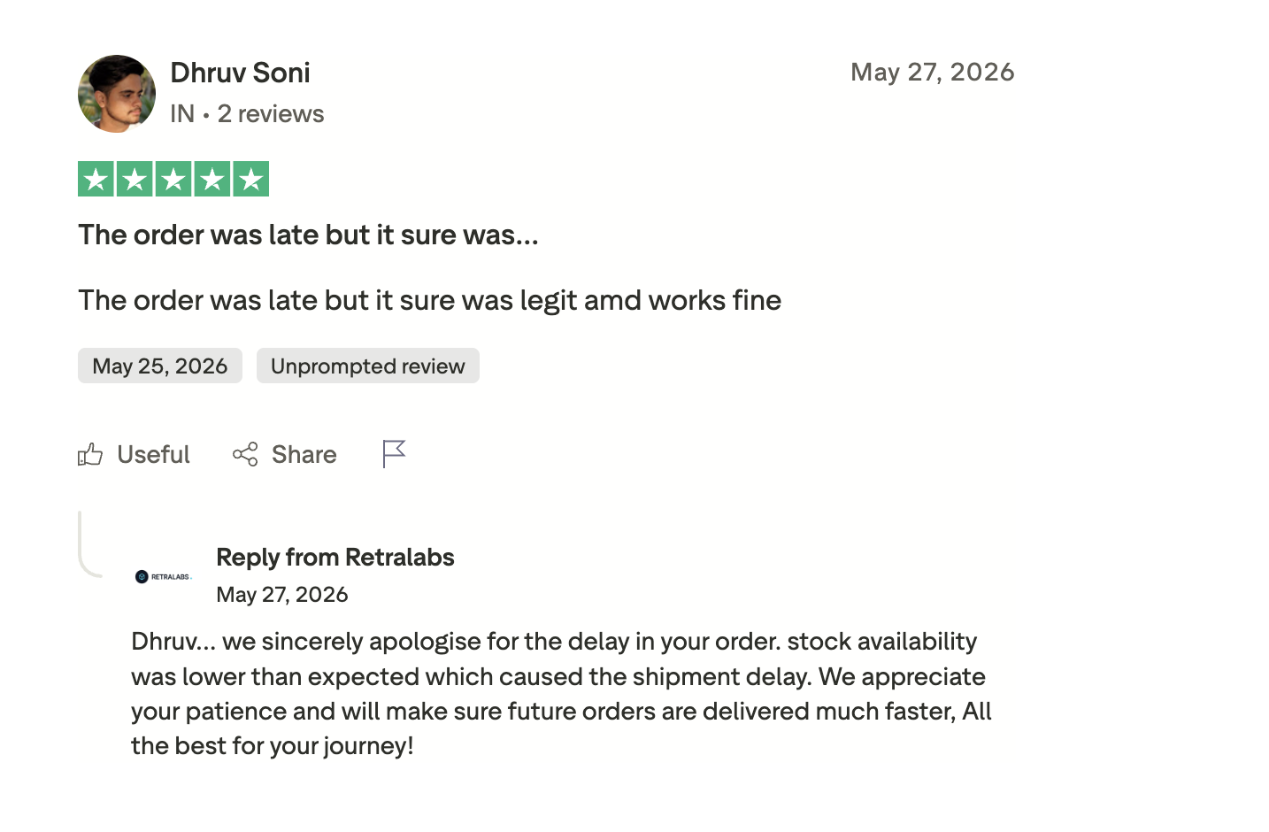 Customer review on Trustpilot